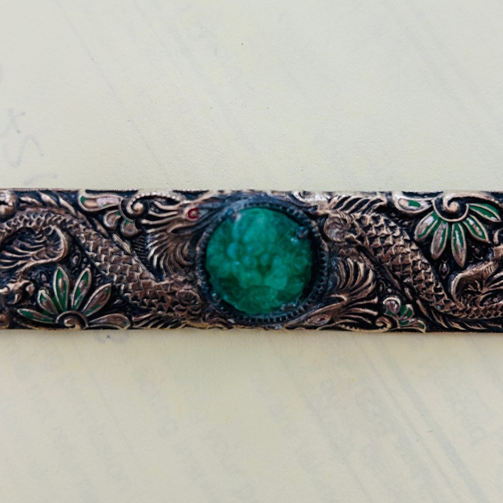 Antique Carved Dragon Brooch with Green Jade Center Stone